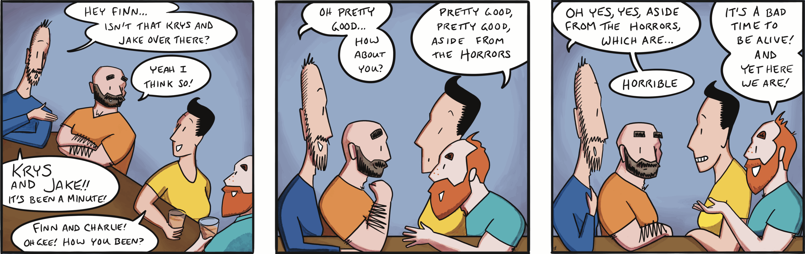 It's been 5+ years and a pandemic, so I figure Finn & Charlie lost hair and grew beards. 